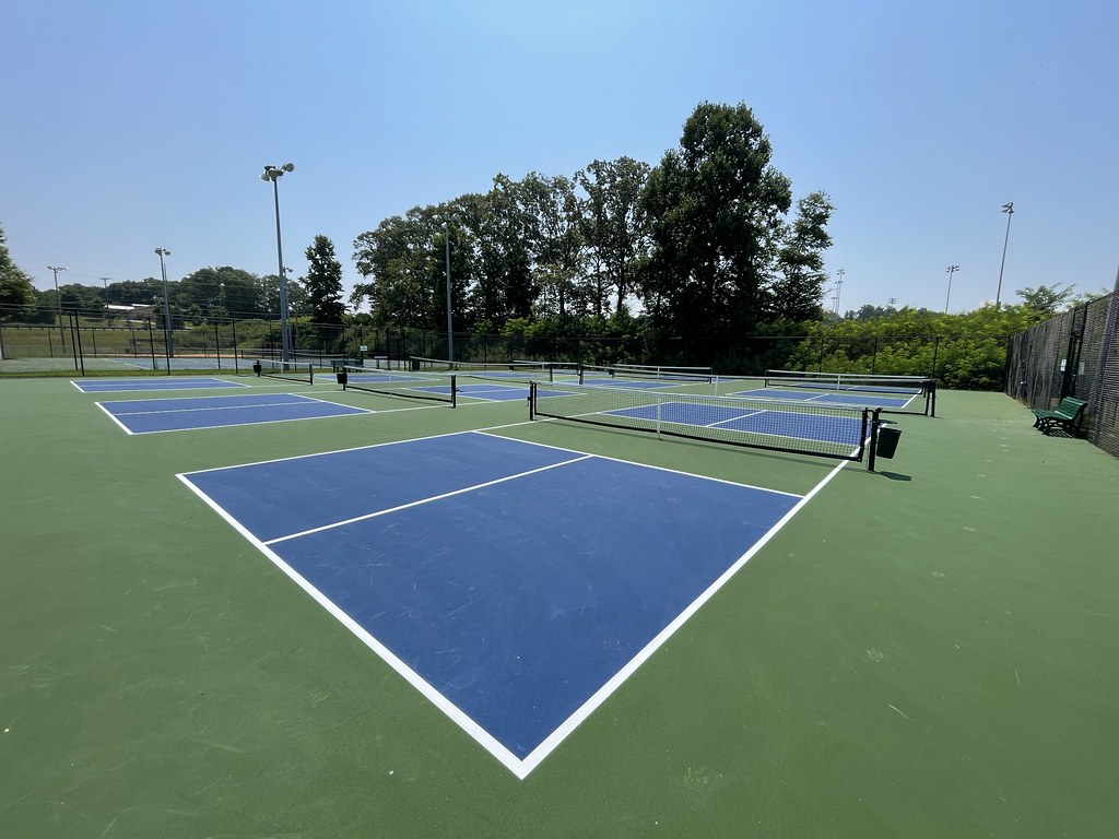 Newly built pickleball courts with nets set up
